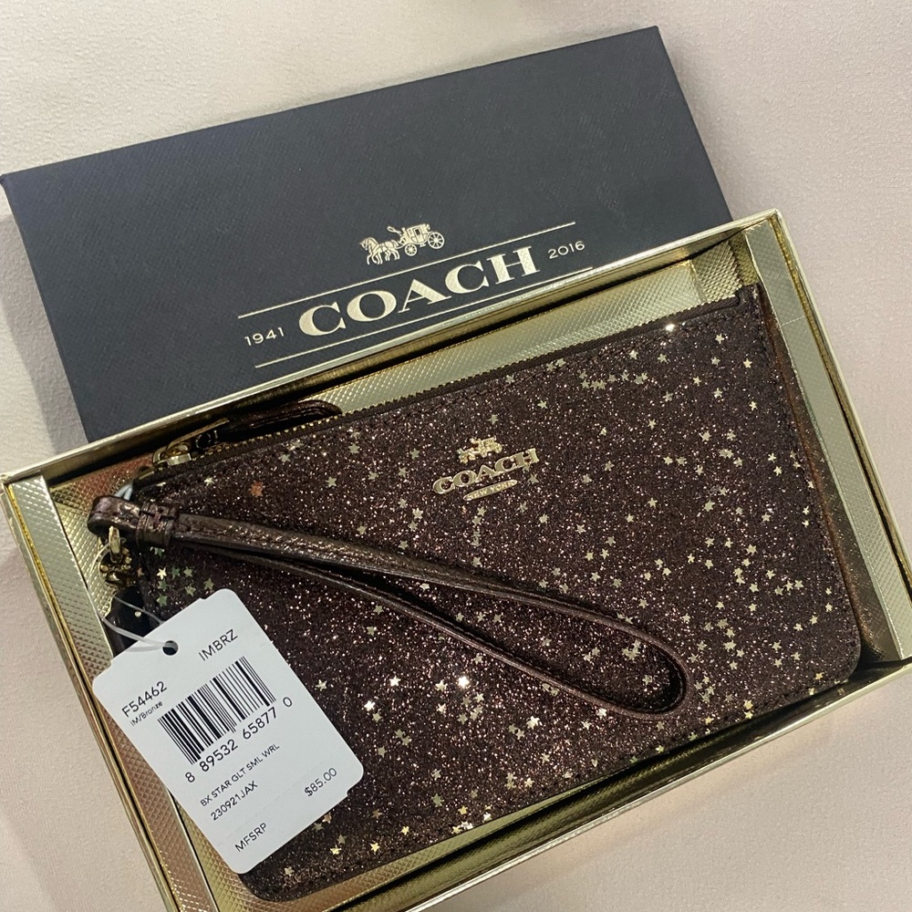 Coach Brown Wristlet with Gold Stars